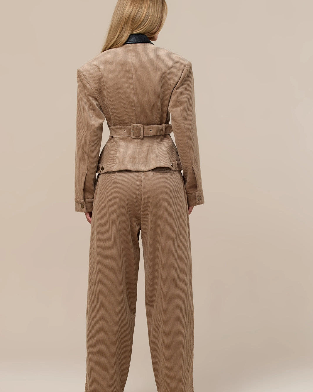Taupe cord co-ord set by Lincoln Paris, featuring a coordinated top and trousers in soft, textured fabric.