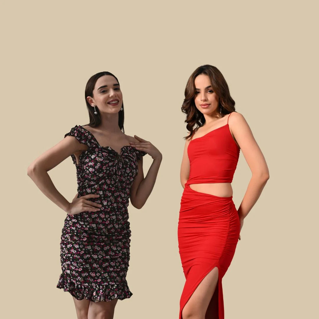 Lincoln Paris Flora Ruffle and Fiery Femme combo featuring floral and fiery patterned fabric designs in vibrant colors.