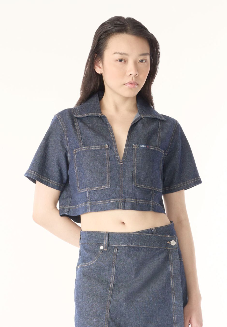 Lincoln Paris Elan Denim Co-ord set featuring a matching denim jacket and pants, styled casually on a model.