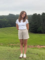 Lincoln Paris desert linen shorts displayed on a model, showcasing lightweight, breathable fabric perfect for warm weather.