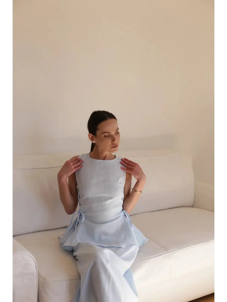 Lincoln Paris Sky Petal Co-ord set featuring a floral printed top and matching pants on a model.