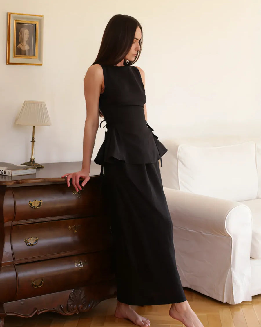 Black Swan Co-ord set by Lincoln Paris, featuring a stylish black top and matching pants, perfect for chic casual wear.