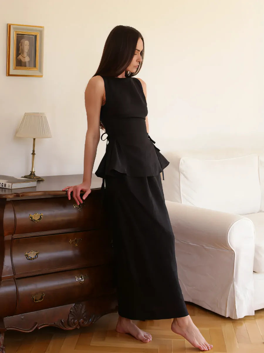 Black Swan Co-ord set by Lincoln Paris, featuring a stylish black top and matching pants, perfect for chic casual wear.