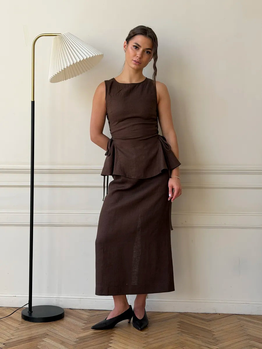 Lincoln Paris Mocha Dew Co-ord set featuring a stylish matching top and pants in mocha color, perfect for casual or lounge wear.