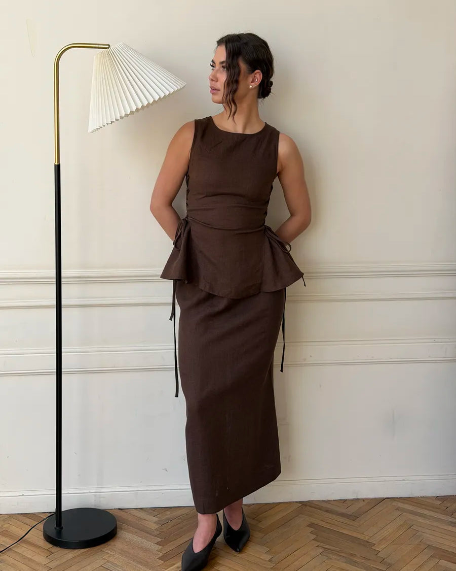 Lincoln Paris Mocha Dew Co-ord set featuring a stylish matching top and pants in soft mocha color.