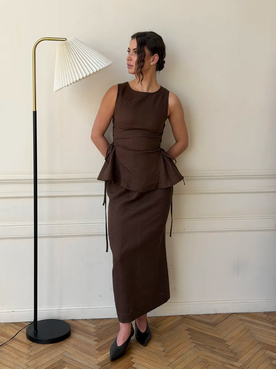 Lincoln Paris Mocha Dew Co-ord set featuring a stylish matching top and pants in soft mocha color.