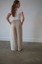 Lincoln Paris Linen Ease Pants shown in light beige with a relaxed fit and adjustable waistband, perfect for casual wear.