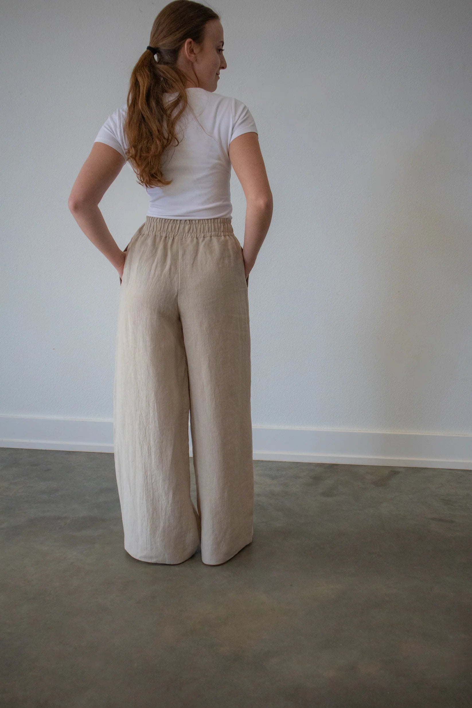 Lincoln Paris Linen Ease Pants shown in light beige with a relaxed fit and adjustable waistband, perfect for casual wear.