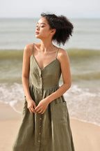 Lincoln Paris Cami Cotton Linen Dress shown in a light, breezy fabric with thin straps and a relaxed fit, perfect for warm weather.