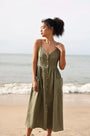 Lincoln Paris cami cotton linen dress shown in soft beige, featuring a sleeveless design and lightweight, breathable fabric.