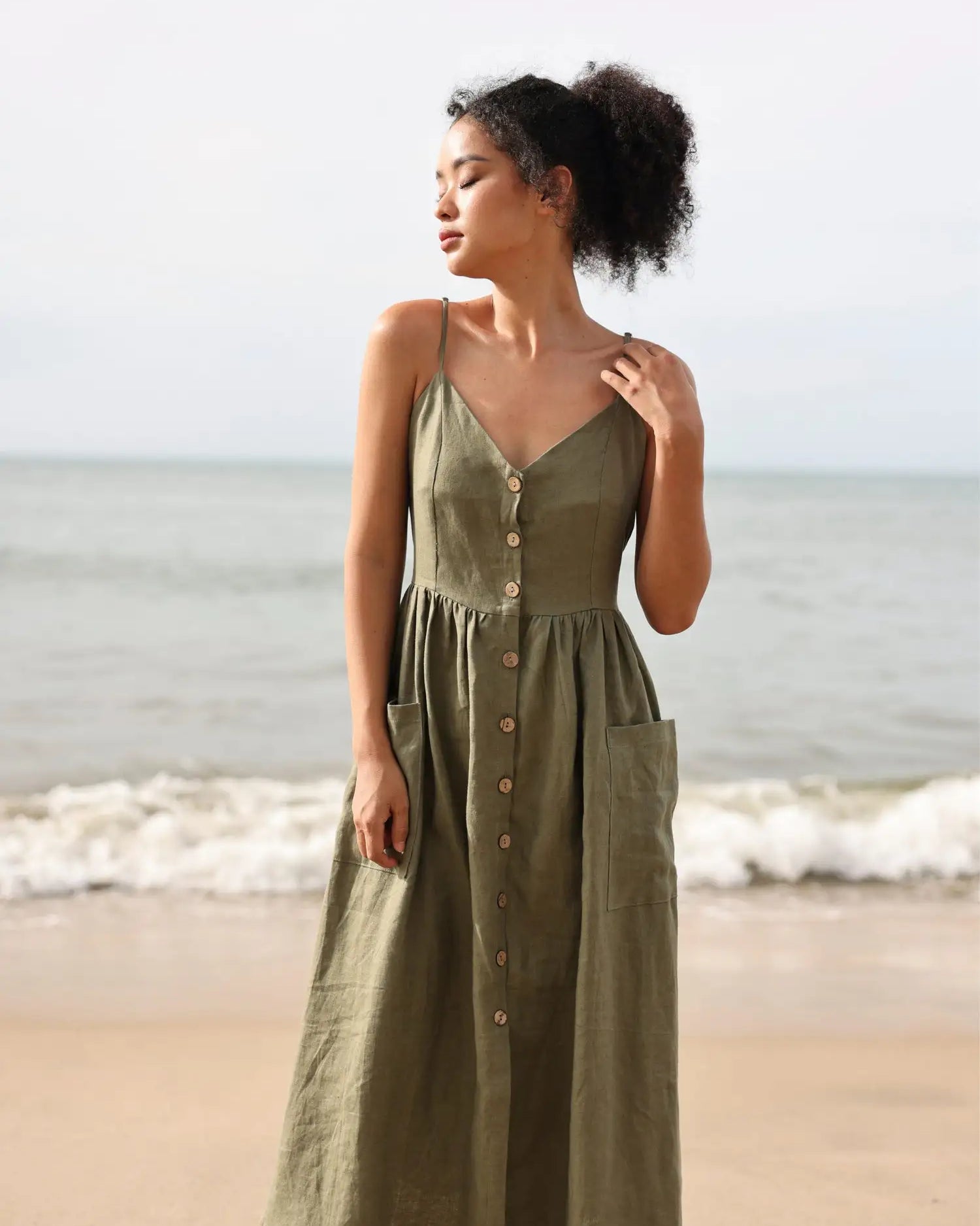 Lincoln Paris cami cotton linen dress shown in soft beige, featuring a sleeveless design and lightweight, breathable fabric.