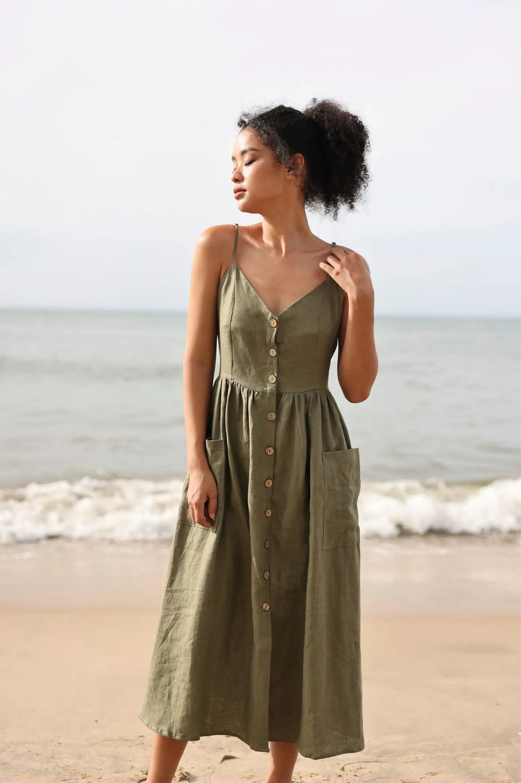 Lincoln Paris cami cotton linen dress shown in soft beige, featuring a sleeveless design and lightweight, breathable fabric.