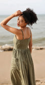 Lincoln Paris cami cotton linen dress hanging on a hanger, showcasing lightweight, breathable fabric and casual summer style.