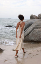Lincoln Paris Cloud 9 Cotton Linen Dress hanging on a wooden hanger, showcasing lightweight, breathable fabric and relaxed fit.