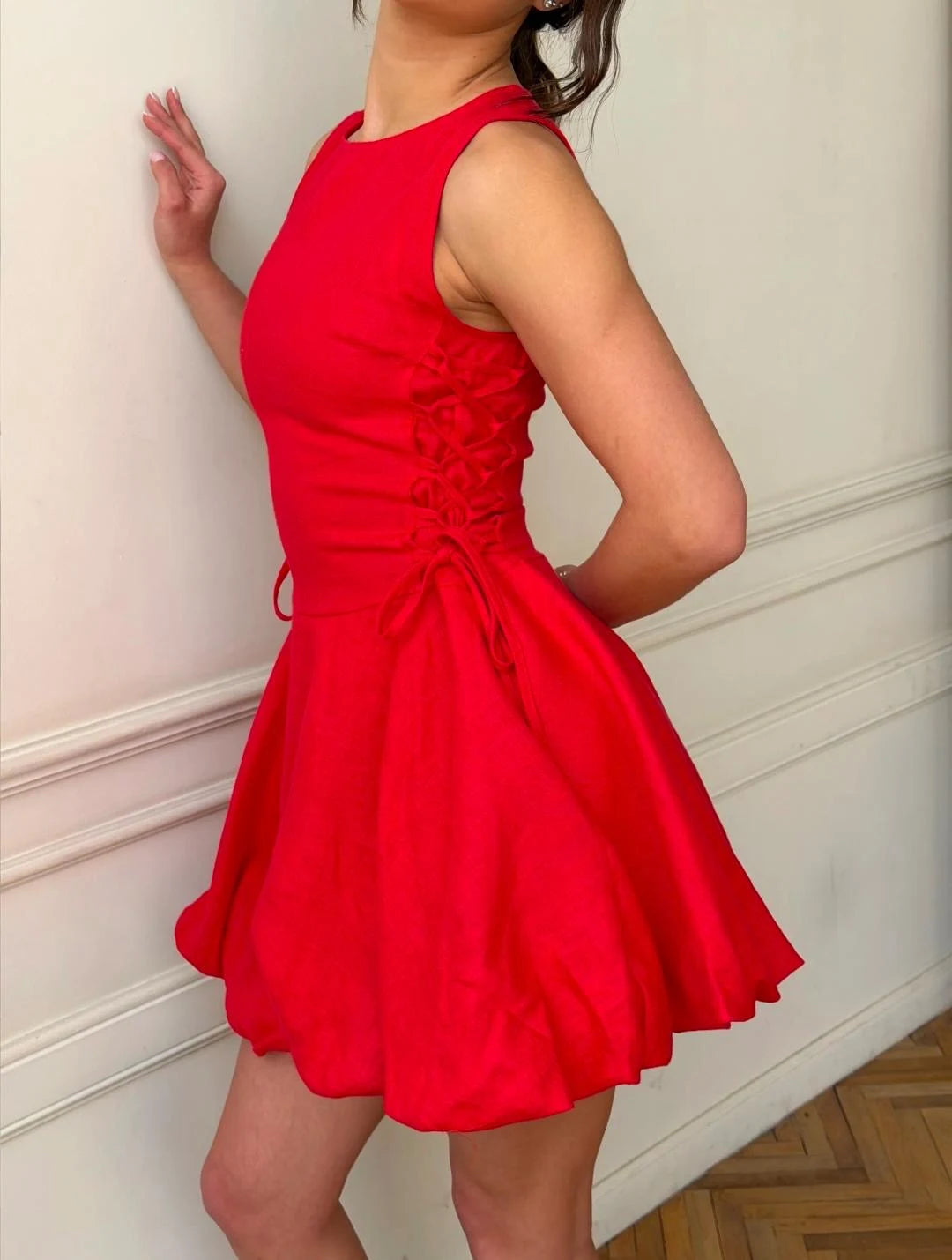 Lincoln Paris Cherry Blush Dress, elegant sleeveless design with floral pattern, displayed on a mannequin.