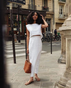 Lincoln Paris Milk Cotton Linen Co-ord Set displayed on a hanger, featuring a relaxed fit top and matching pants in soft, breathable fabric.