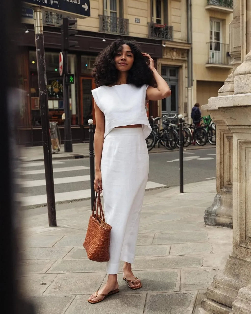 Lincoln Paris Milk Cotton Linen Co-ord Set displayed on a hanger, featuring a relaxed fit top and matching pants in soft, breathable fabric.