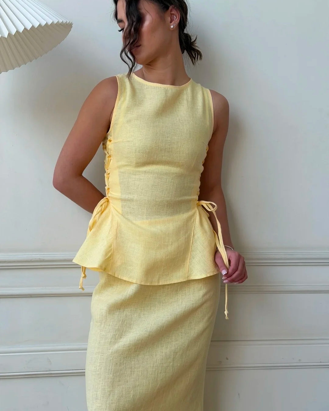 Lincoln Paris Buttercup Co-ord set featuring a stylish matching top and pants in a vibrant, trendy design.