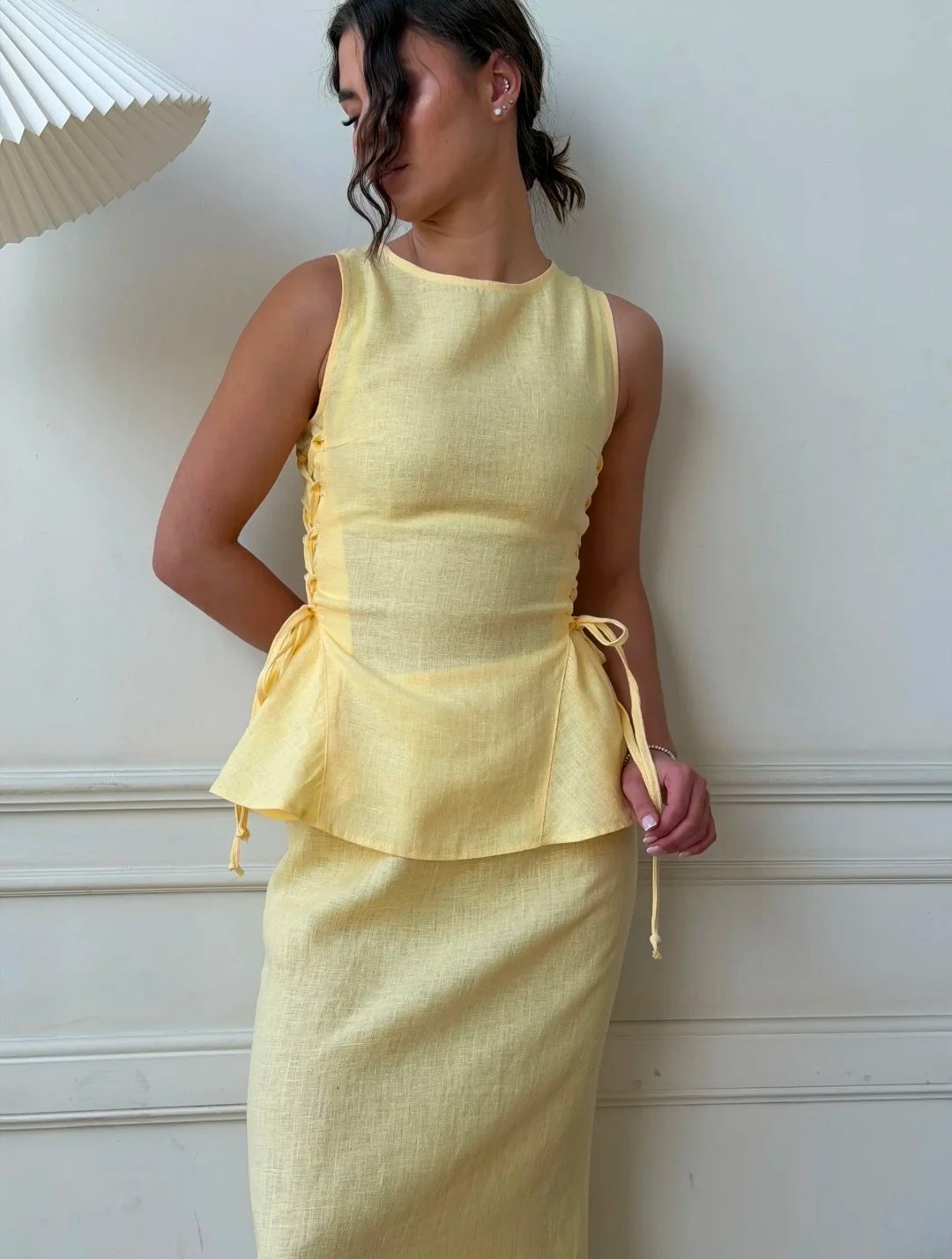 Lincoln Paris Buttercup Co-ord set featuring a stylish matching top and pants in a vibrant, trendy design.